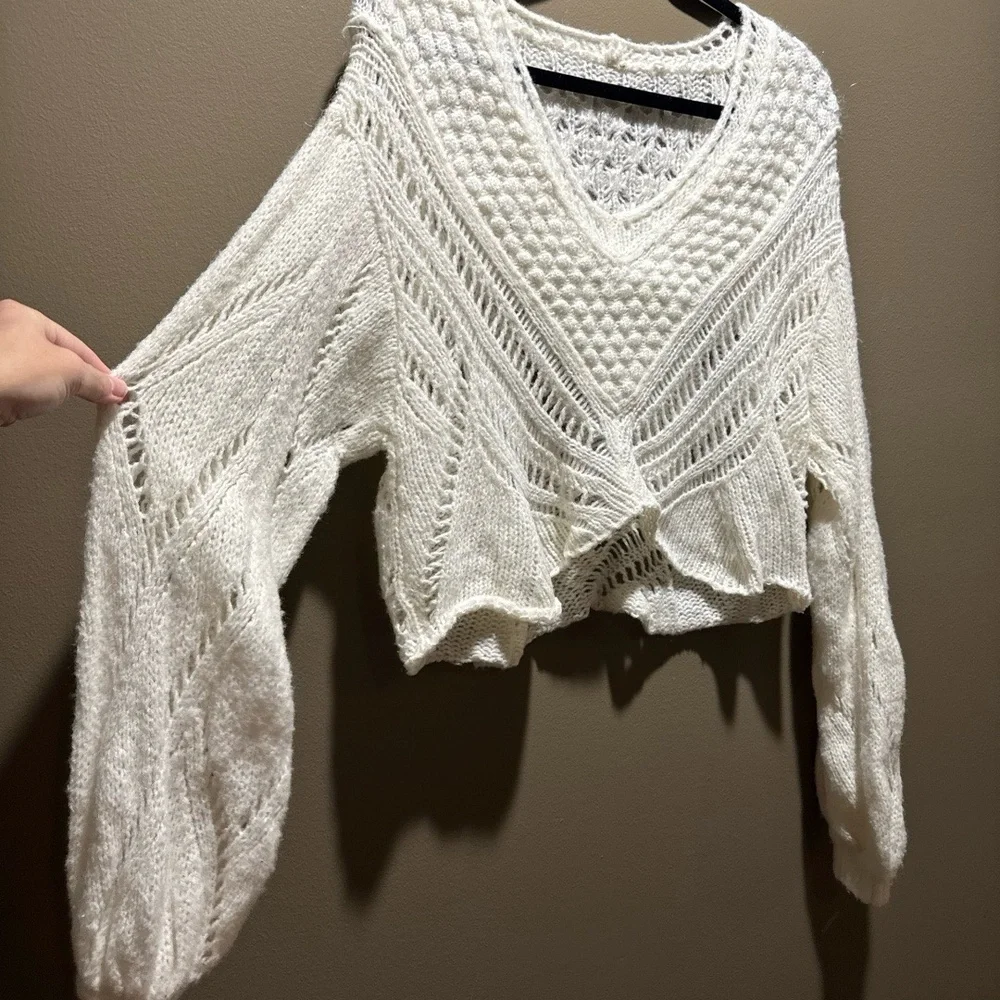 NWT Free People Off White Cropped V Neck Open Knit Pullover Sweater Oversized La - Picture 4 of 6